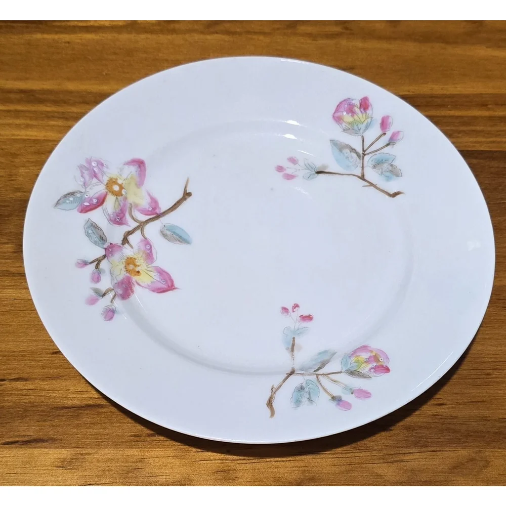 Hand Painted Floral Porcelain Plate - Pink & Gold Enamel Accents - Vintage